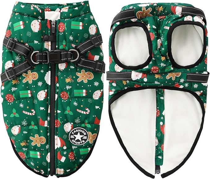 Aiboria Dog Jackets for Winter Windproof Waterproof Vest Fleece Warm Dogs Coat with Belt Christmas Green XXL