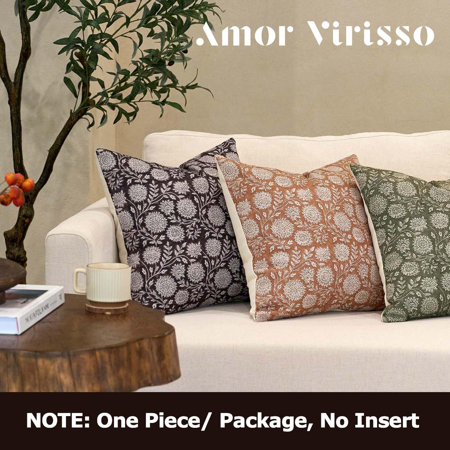 Amor Virisso Floral Throw Pillow Covers 20x20 Block Print Pillow Covers Vintage Neutral Couch Pillows for Living Room Farmhouse Decorative Accent Sofa Pillows, Black