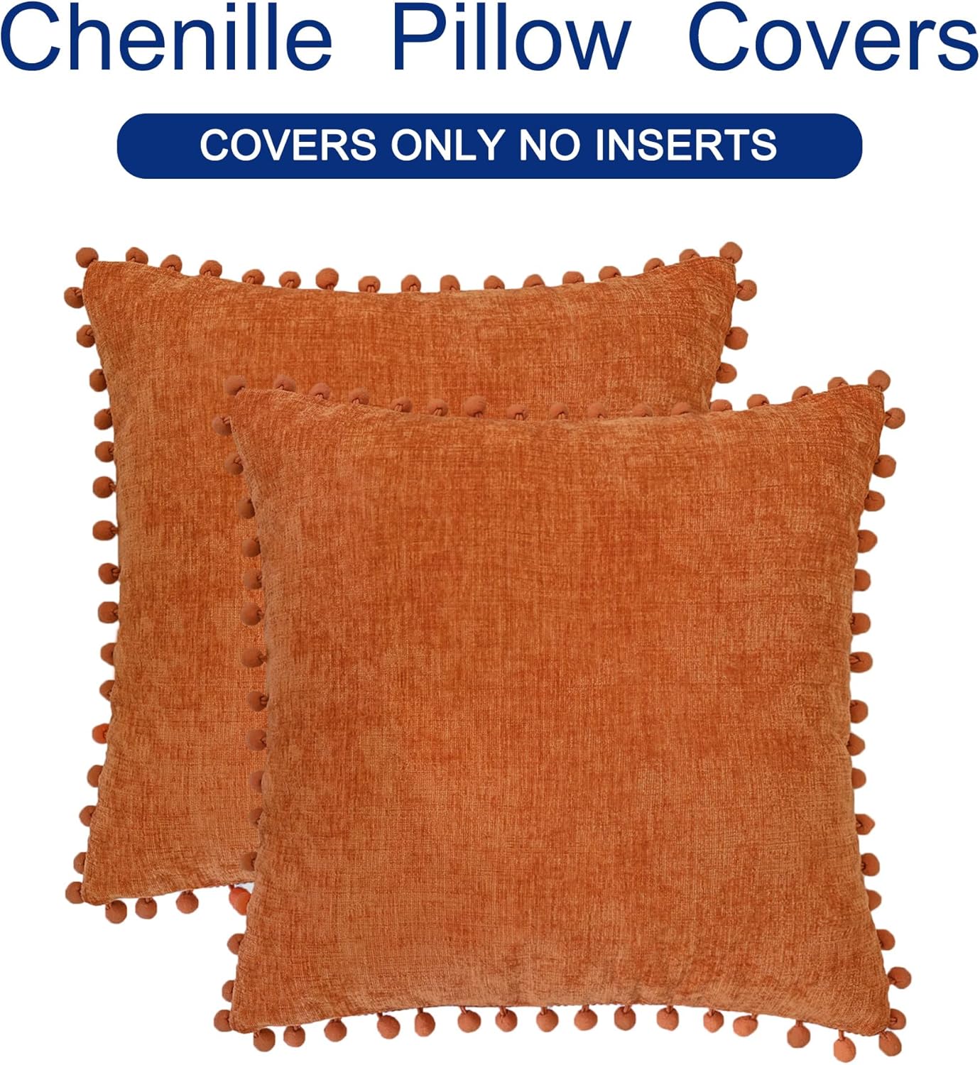 CaliTime Fall Throw Pillow Covers Decorative 22 X 22 Inches Pack of 2 Cozy Solid Dyed Soft Chenille Cushion Cases with Pom Poms for Couch Sofa Bed Living Room Home Burnt Orange