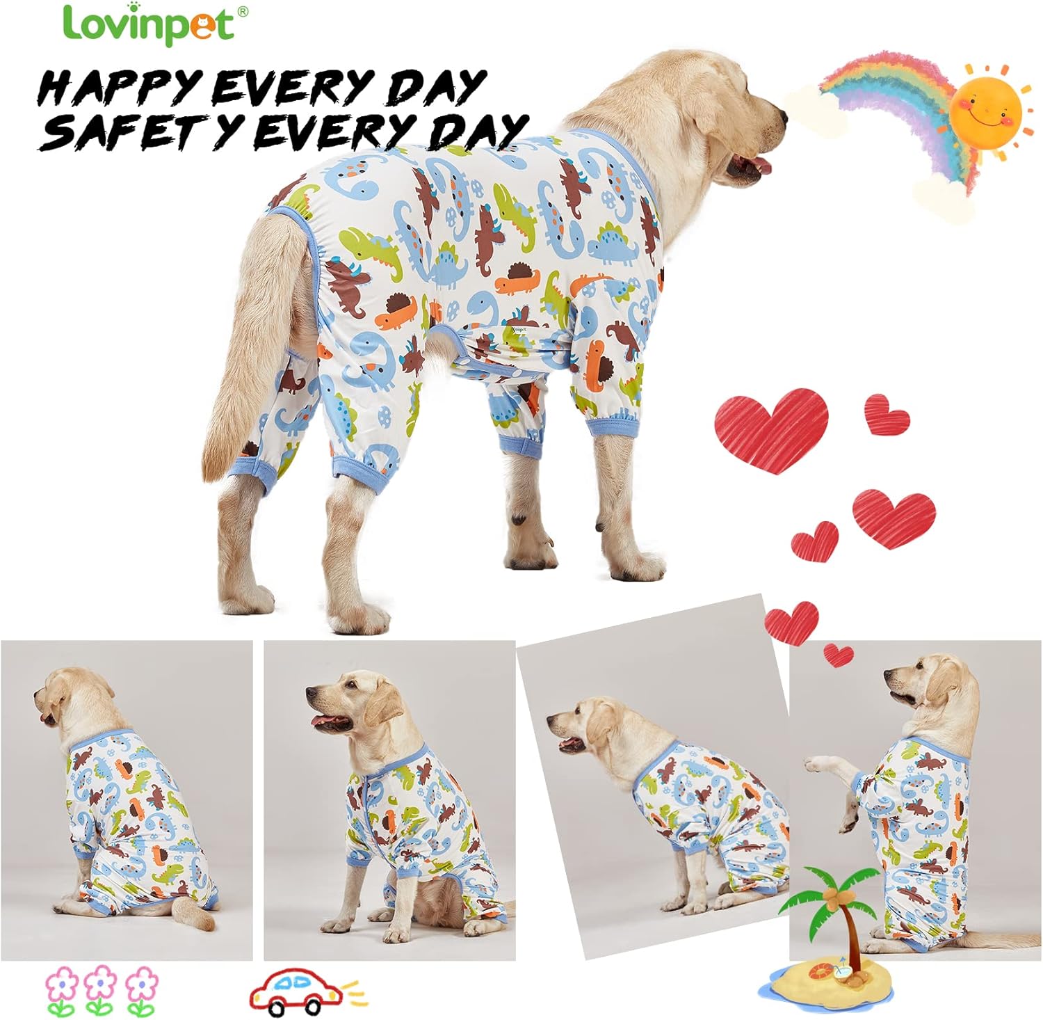 LovinPet Large Dog Pajamas, Dinosaur Print Style, UV Protection, Post Surgery, Anxiety Relief, Pet Pajamas for Dogs, Light Weight Big Dog Pullover, Full Coverage Pitbull Types PJ's, M
