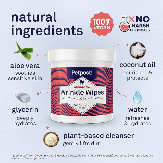 Petpost Wrinkle Wipes for Dogs | 100 Count Dog Face & Wrinkle Cleaner | Gentle Pet Wipes with Coconut Oil for Bulldogs, Pugs & Wrinkly Breeds | Dog Cleaning & Deodorizing Wipes