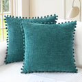 CaliTime Throw Pillow Covers Decorative 16 X 16 Inches Pack of 2 Cozy Solid Dyed Soft Chenille Cushion Cases with Pom Poms for Couch Sofa Bed Living Room Home Teal