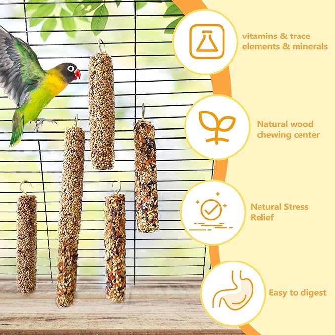 6PCS Parakeet Treat,Natural Parrots Treat Sticks,Vegetable & Grain Style Sticks,Bird Treats for Cockatiel Budgies Lovebirds Myna Canary Conure Finches
