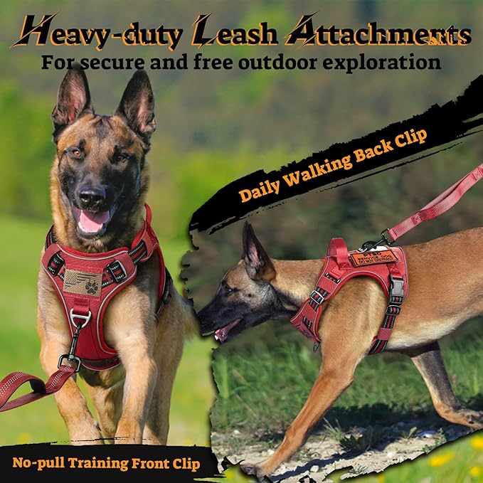rabbitgoo Dog Harness for Large Dogs No Pull, Tactical Service Pet Vest with Molle and Control Handle, Adjustable and Reflective Military Harness for Easy Walking and Training, Red, L