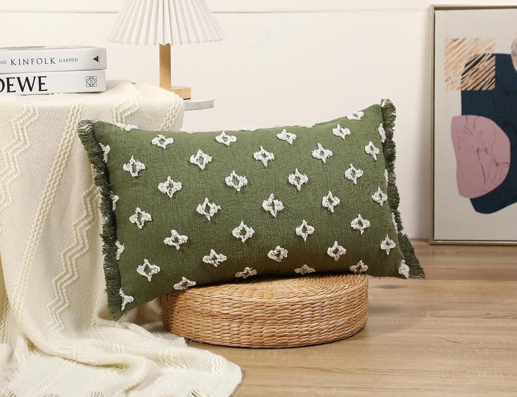 Boho Long Lumbar Pillow Cover 16x26 with Tassel,3D Flower Patterned Cotton Decorative Long Lumbar Pillow Cover Pillow Case for Sofa Couch Bed Livingroom Farmhouse,Sage Green