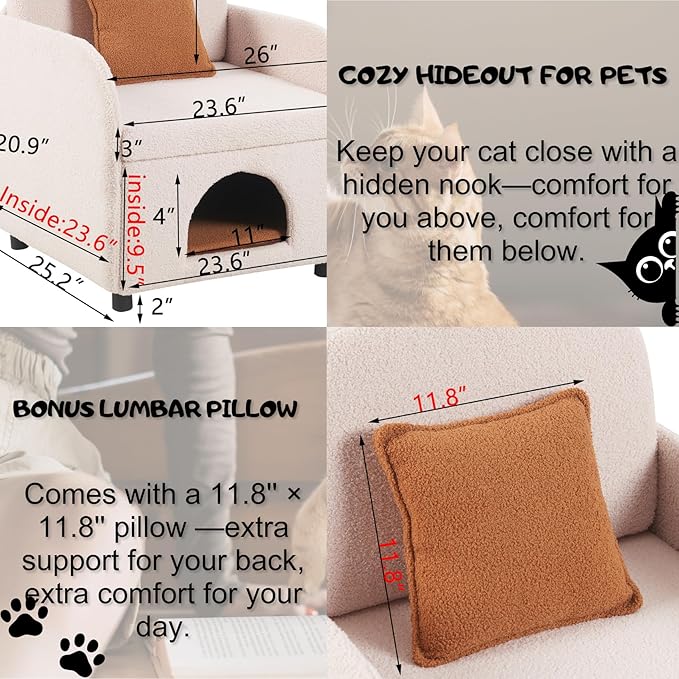 Accent Chair with Cat Bed for Cats Lover, Sherpa Fabric Pet-Friendly Single Sofa Cute Armchair with Pet Nest for Living Room, Beige.