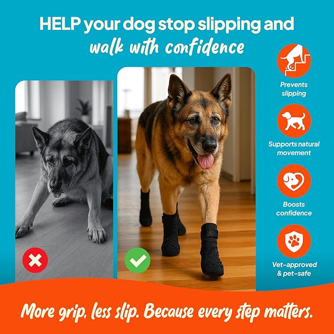 Anti-Slip Dog Socks – Non-Slip Traction Socks for Dogs with Adjustable Straps, Prevents Slipping on Hardwood Floors, Breathable & Washable – 4 Pack (Sizes XS–XXL) (L)