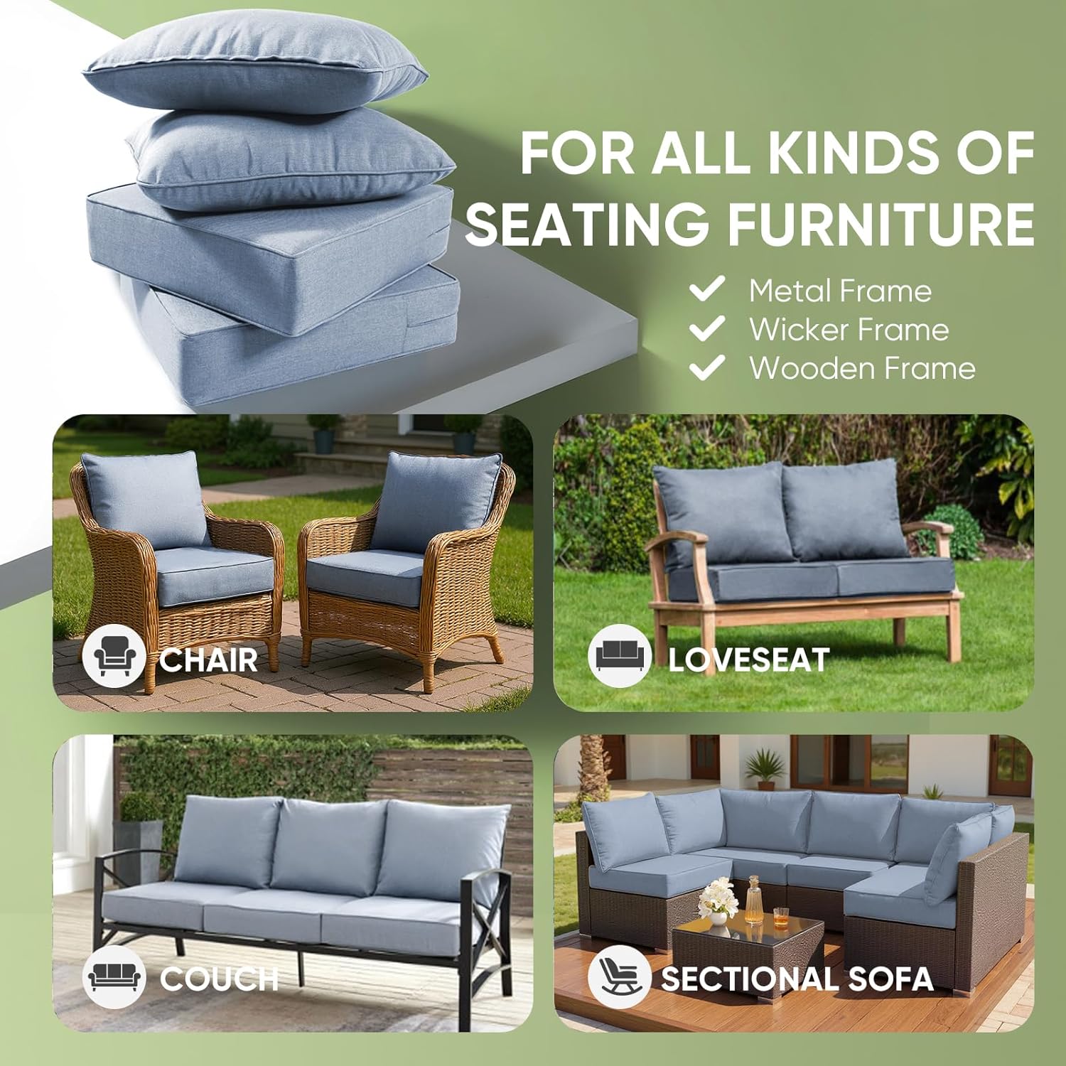 Outdoor Furniture Cushions, 6 inch Thick Seat Cushions for Outdoor Furniture, Waterproof 22x24 Patio Couch Cushions, Replacement Chair/Sofa Cushion, Include 3 Back & 3 Seat Cushion, Thick/BabyBlue