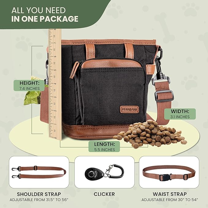 BEAU&FUR Large Dog Treat Pouch with Clicker for Training – 4 Cup Capacity, Built-In Poop Bag Dispenser, Expandable Pocket, Metal Buckle, Large Back Pocket, Ideal Design for Walks and Training – Black