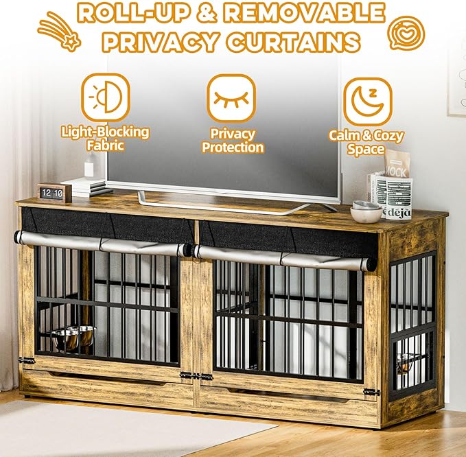 78" Double Dog Crate Furniture with Divider, Thick Wooden Indoor Dog Kennel Furniture with Swivel Bowls for 2 Dogs, Decorative Pet Cage End Table with Wheels for Extra Large Breed, Rustic Brown