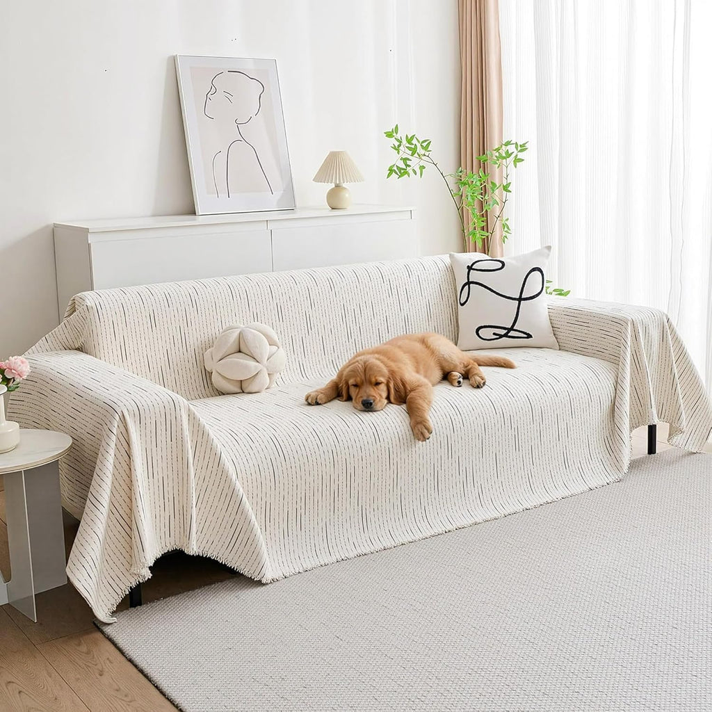 MYSKY HOME Couch Cover for Dogs, Sectional Couch Cover, Beige Lines Sofa Covers for Sectional Sofa L Shape Chenille Couch Protector for Dogs Pets Couch Covers Washable Soft Throw, 71" X118"