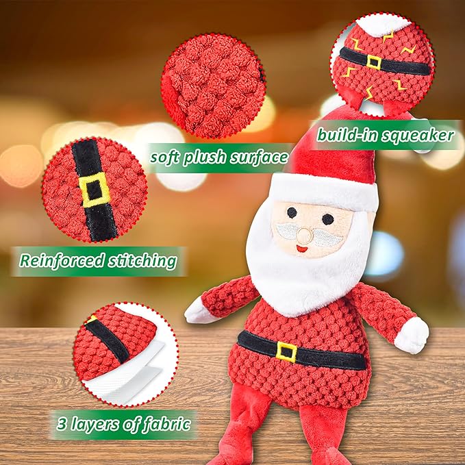 Christmas Dog Toys, 4pcs Stuffed Dog Squeaky Toys for Teething and Chewing, Tough Xmas Gift Toy Bundle Santa Toys for Small Large Dogs Puppy