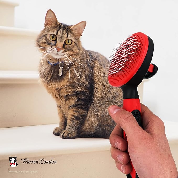 Warren London Self-Cleaning Cat Pin Brush | Push-Button Fur Ejector, Bead-Tipped Nylon Pins – Gentle Shedding & Detangling for Cats, Kittens, Rabbits, Ferrets & Small Dogs | Ergonomic Anti-Slip Grip