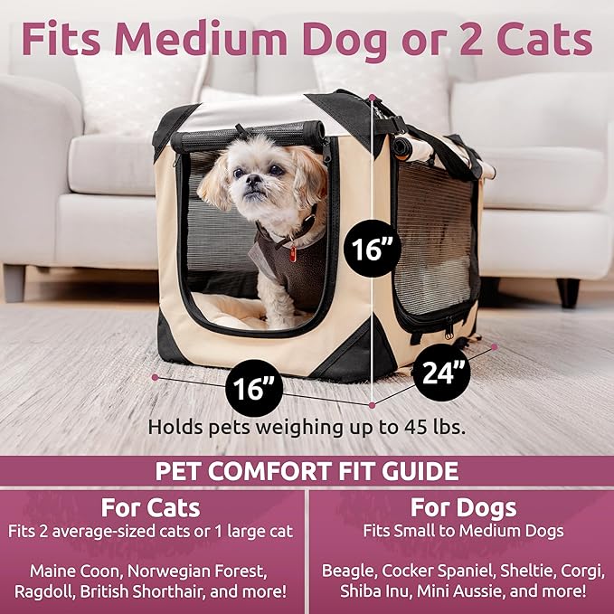 Large Cat Carrier & Dog Carrier for 2 Cats or Medium Dog. Soft Sided Pet Carrier for Travel. Collapsible, Portable with Soft Bed, Top & Side Loading, Locking Zippers, Puppy Crate & Kennel