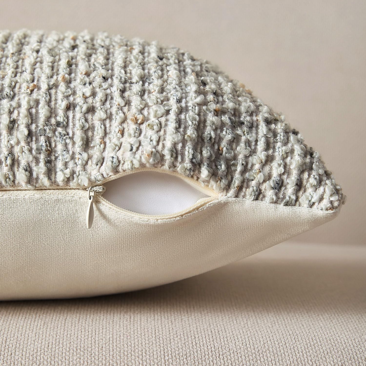 Decorative Couch Throw Pillow Covers 16x16 Cream Gray Striped Soft Wool Pillow Covers Neutral Textured Boho Cushion Covers for Modern Farmhouse Sofa Bedroom Living Room Decor SY011-B16