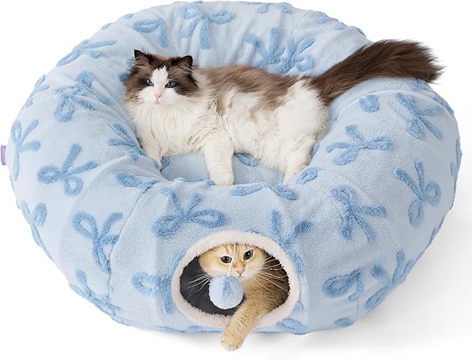 Lesure Cat Tunnel Bed for Indoor Cats - Cute Cat Donut Tunnel Toys with Washable Circle Cushion, Round Pet Peekaboo Cave Toy for Kitten/Puppy/Rabbit, Standard Ice Blue