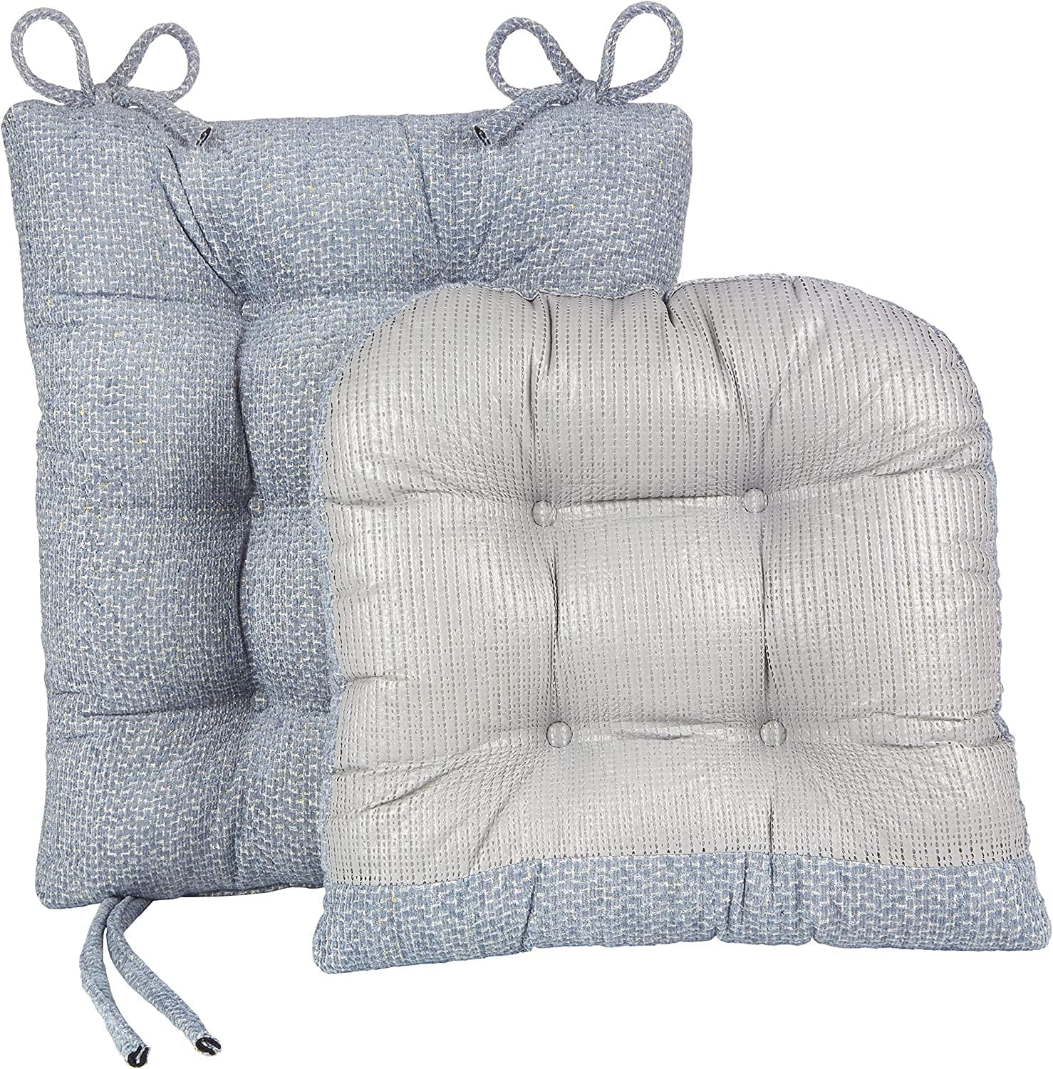 Klear Vu Omega Non-Slip Rocking Chair Cushion Set, Assembled in USA, Thick Padding & Tufted Design, Includes Seat Pad & Back Pillow with Ties, 17x17 Inches, 2-Piece Set, Tyson Delft Blue