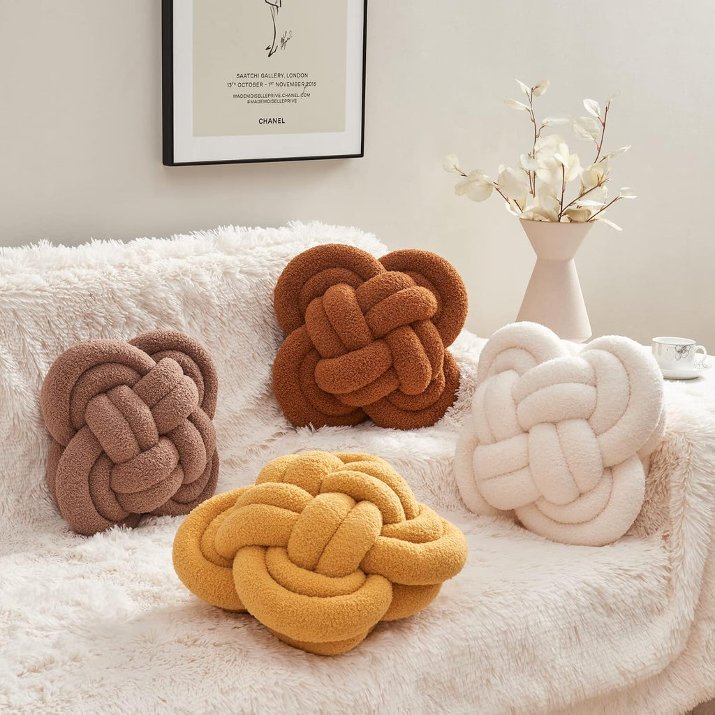 Xiashrk Knot Pillow Ball, 12" Soft Decorative Throw Pillows for Couch Bed, Dark Yellow Knotted Plush Throw Pillow Handmade Square Cushion Home Couch Decor Pillows for Living Room
