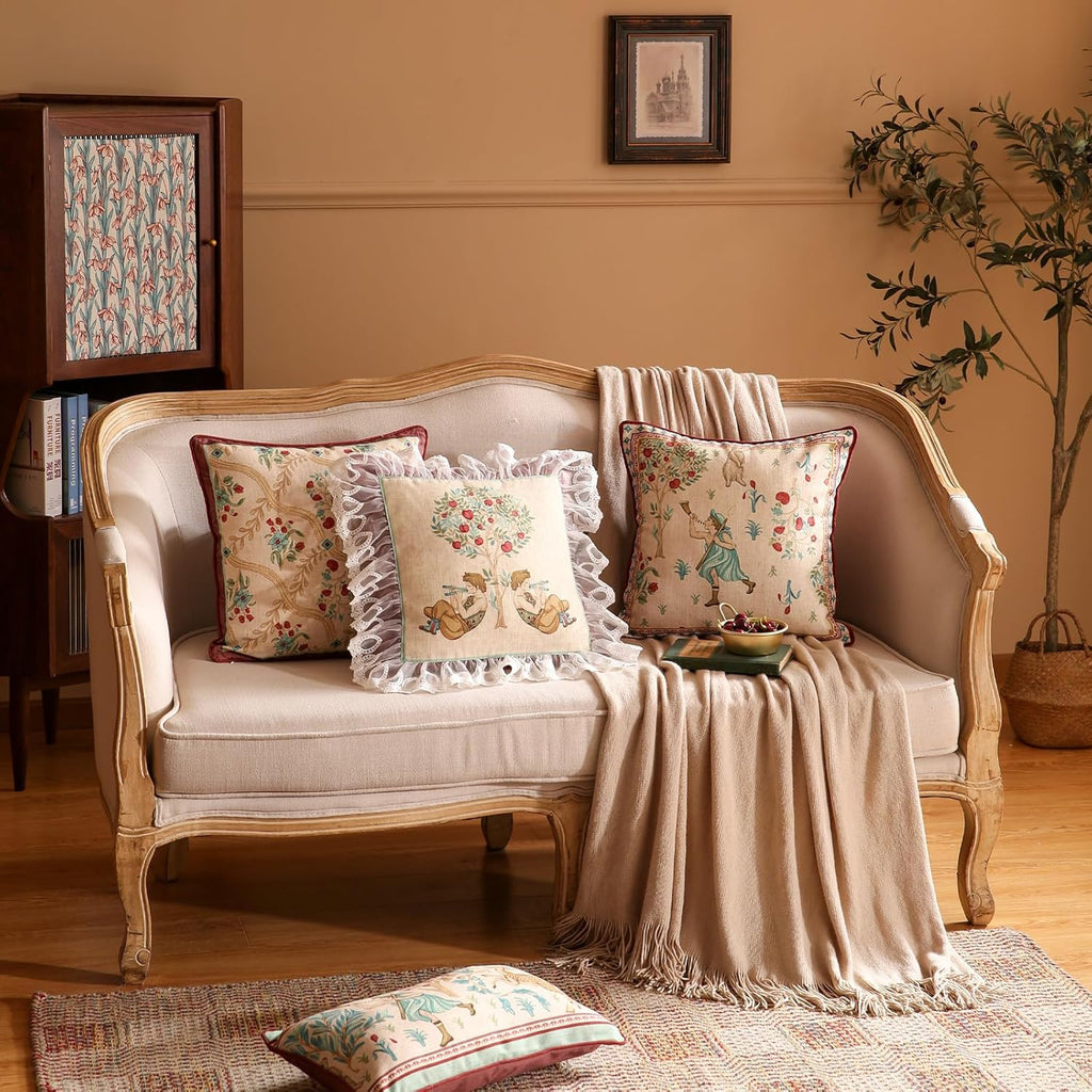 patdrea Designer Pack of 2 Square Throw Pillow Covers,Farmhouse Vintage Linen with Beige Ancient Idyll Pattern Pillows Cover,Decorative Pillowcases Cushion for Bed Living Room Outdoor Car,18"x18"