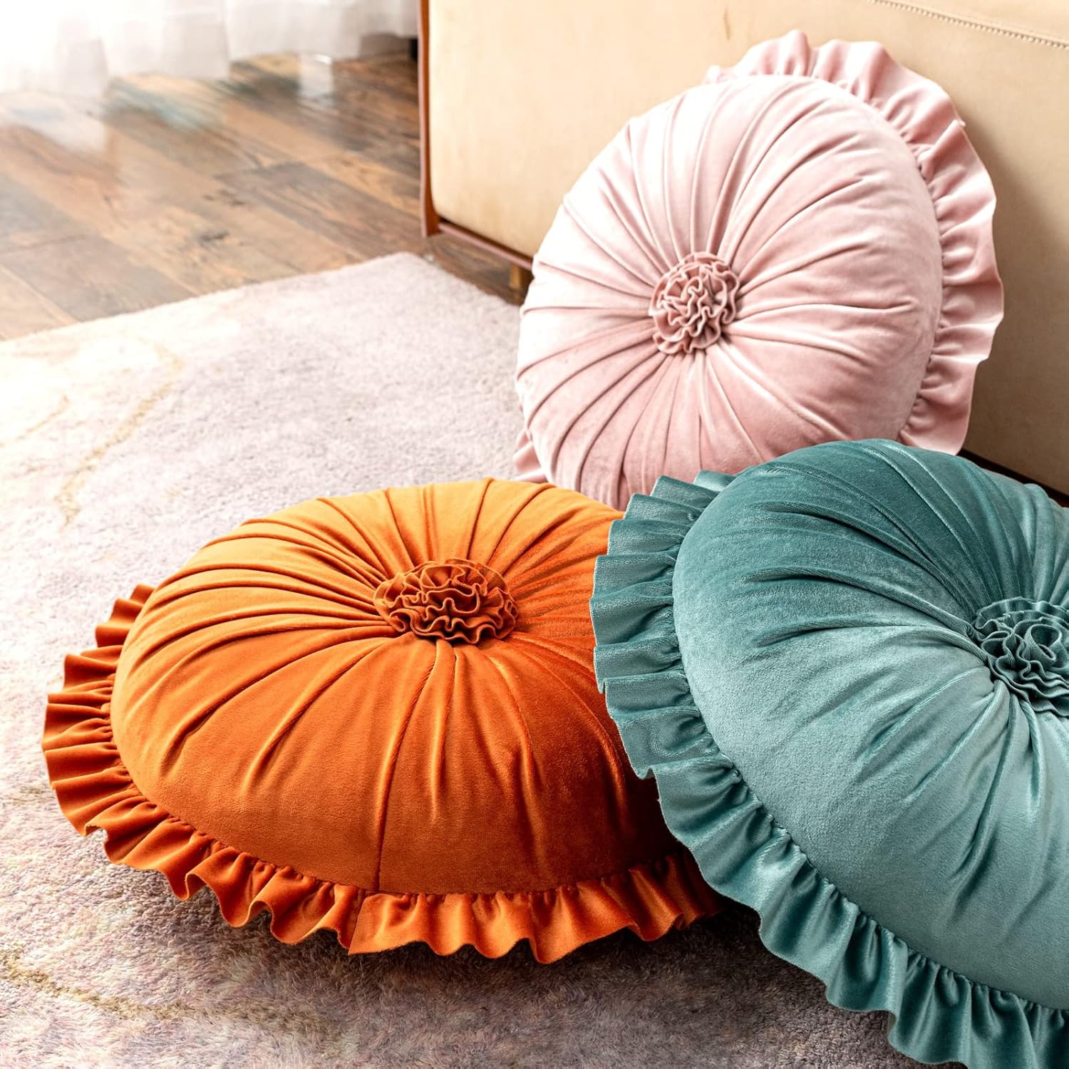 S SSOY Velvet Round Pillow - Ruffle Home Decoration, 13.7in