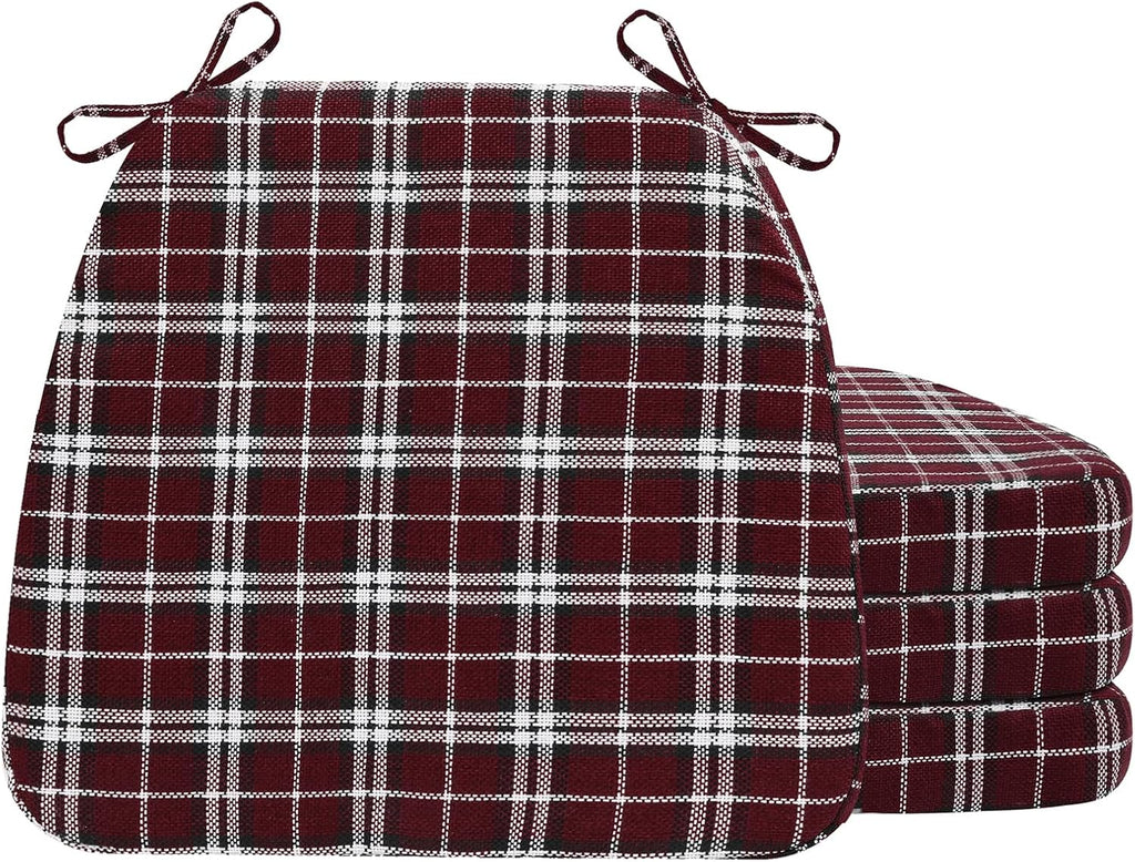 AAAAAcessories D-Shaped Chair Cushions, 2" Thick Dining Chair Pads with Ties and Removable, Machine-Washable Cover, 17" x 16", Set of 4, Red Checkered