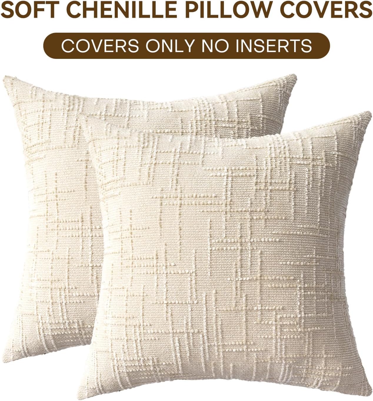 Decorative Throw Pillow Covers 22x22 Inch Set of 2, Soft Solid Farmhouse Chenille Couch Pillows, Spring Pillow Covers for Couch Sofa Bed Living Room Home Decor Pillowcase, Cream White