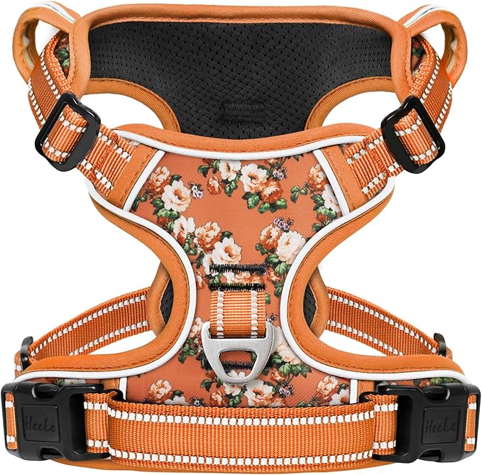 HEELE Dog Harness, No Pull Adjustable Padded Reflective Harness for Small Medium Large Dogs with Handle for Walking Training, Flower-Orange,M