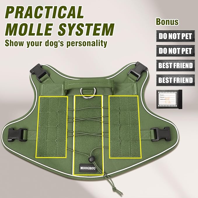 Tactical Dog Harness Medium Sized Dog,No Pull Military Dog Vest with Handle&Molle,Reflective Heavy Duty Pet Harness for K9 Working Walking Hiking Training Green M