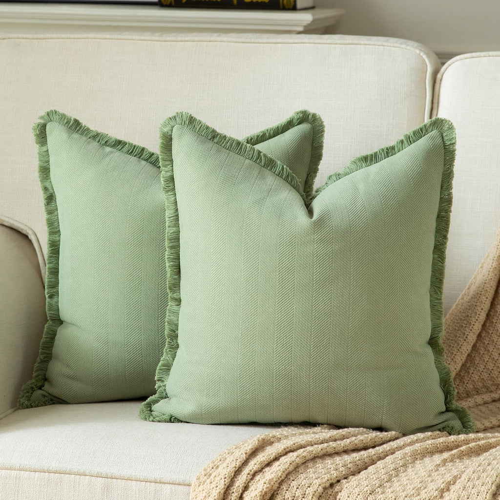 Set of 2 Decorative Fringe Throw Pillow Covers Chenille Pillow Covers Elegant Design Pillowcase Soft Tassels Cushion Cover for Couch Bed Home Decor,24×24 Inch,Sage Green