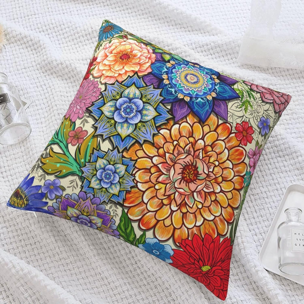 Boho Floral Throw Pillow Covers 18x18 Inch, Colorful Boho Flowers Throw Pillow Cases Set of 2, Decorative Cushions Pillowcase for Couch Office Car Sofa Living Room Bedroom Farmhouse Home Decor