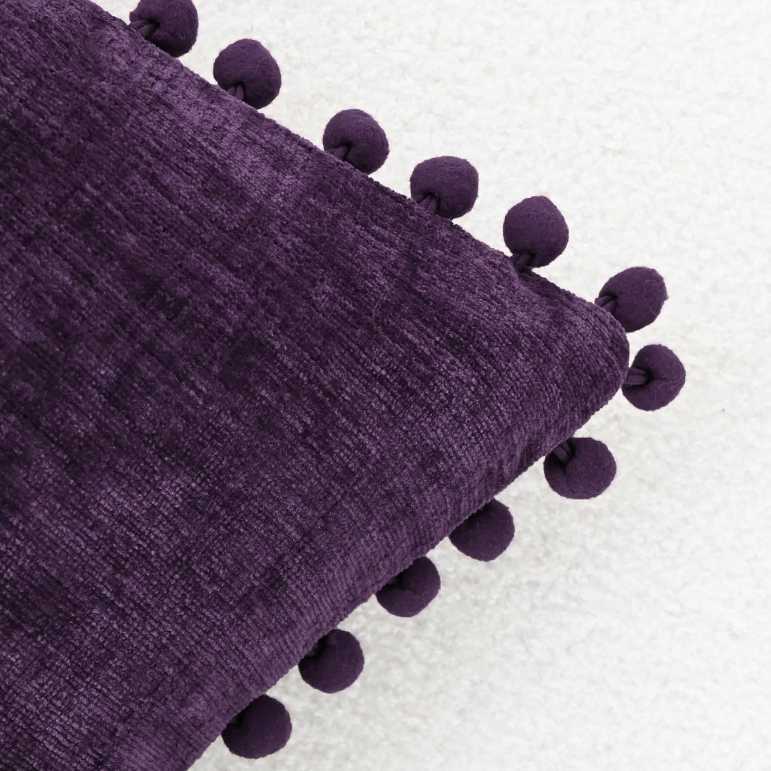 CaliTime Throw Pillow Covers Decorative 20 X 20 Inches Pack of 2 Cozy Solid Dyed Soft Chenille Cushion Cases with Pom Poms for Couch Sofa Bed Living Room Home Plum Purple