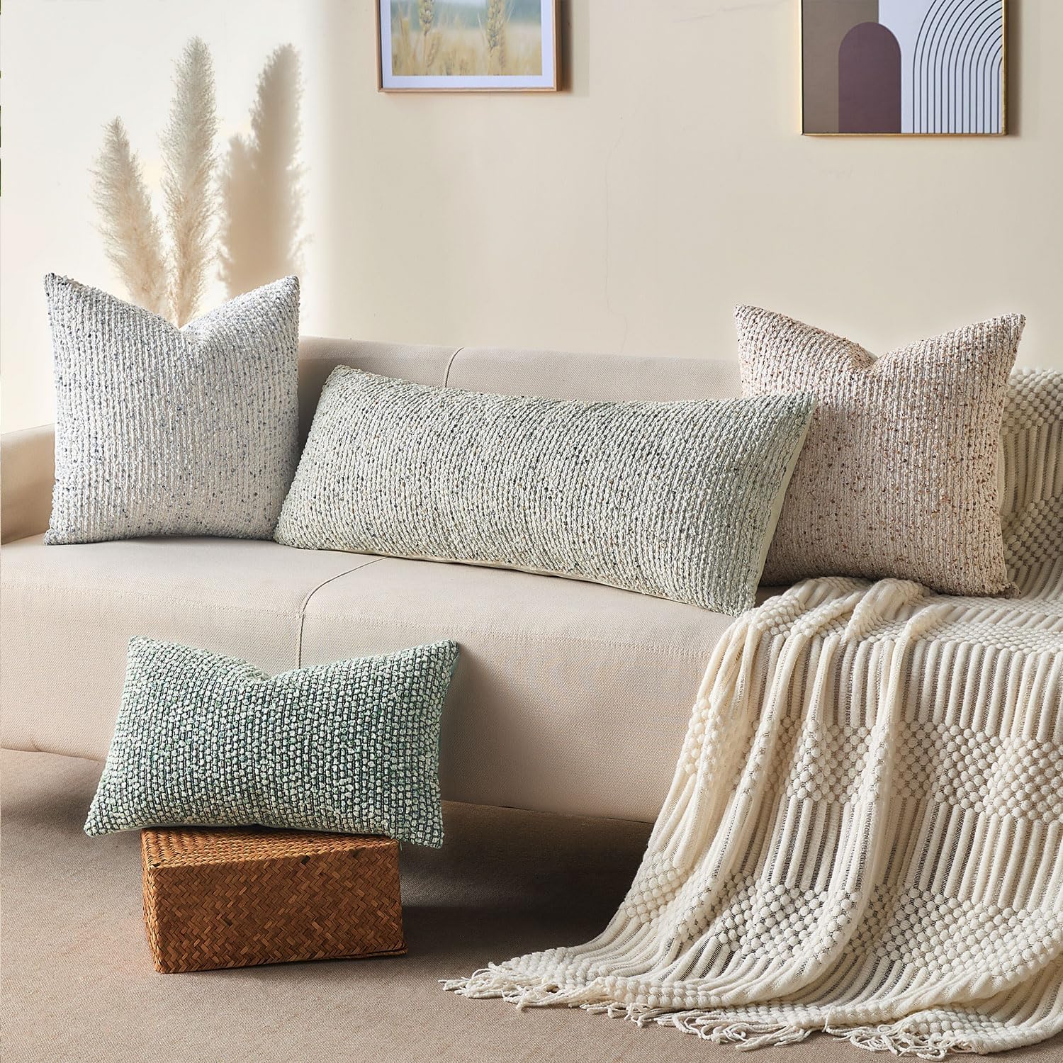 Decorative Lumbar Pillow Cover 14x36 Cream Gray Striped Wool Long Body Pillow Neutral Textured Boho Lumbar Throw Pillow Cushion Covers for Modern Farmhouse Sofa Bed Living Room Decor SY011-B14