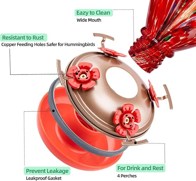 Gifts for Mom 34OZ Hand Blown Glass Hummingbird Feeders for Outdoors Hanging, with Ant Moat Humming Bird Feeders, Porch Backyard Decor Gifts for Women (Floral Balloon)
