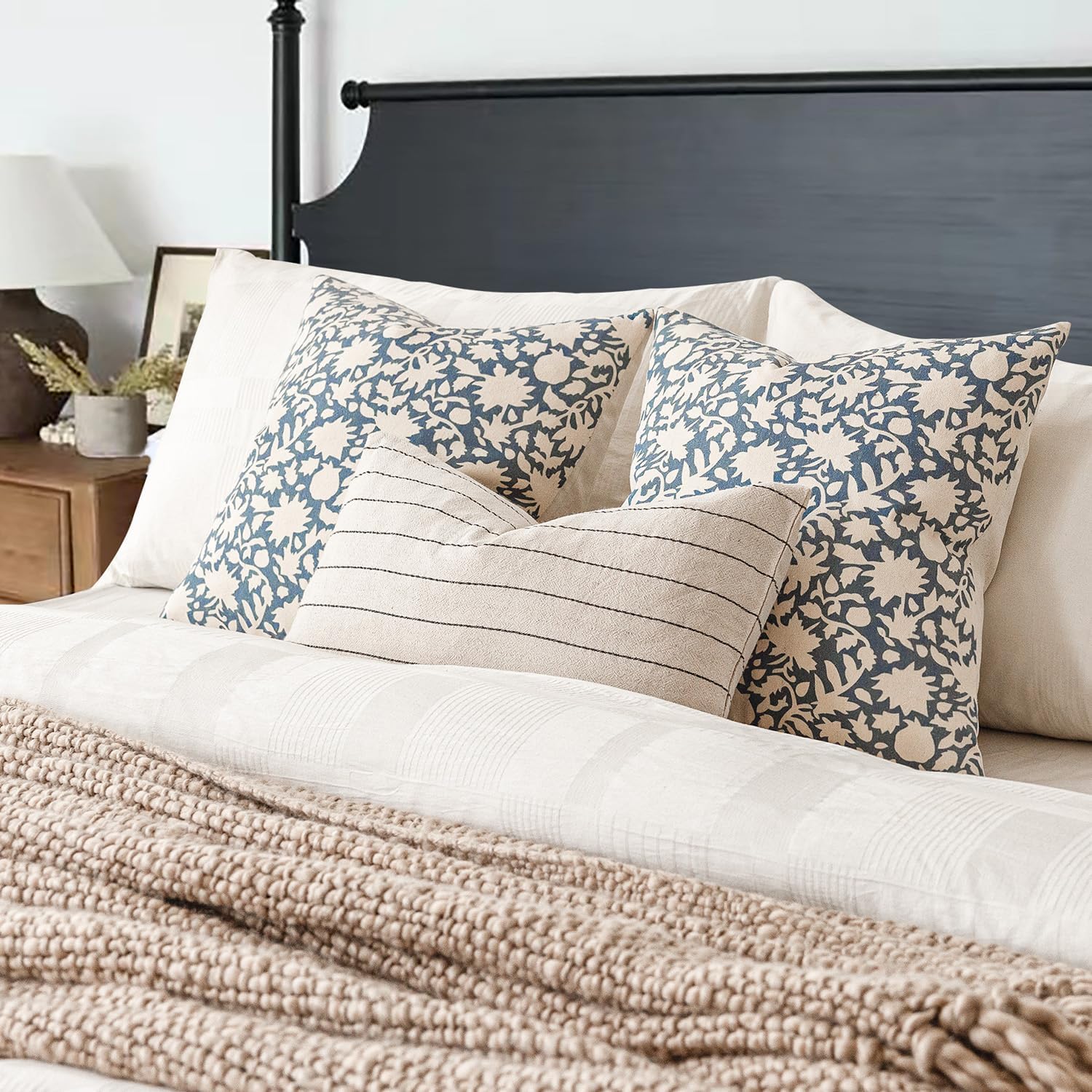 Foindtower Set of 2 Decorative Neutral Floral Throw Pillow Covers Accent Farmhouse Cushion Covers Boho Vintage Pillowcase for Couch Sofa Bedroom Living Room Home Decor,24×24 Inch,Dusty Blue