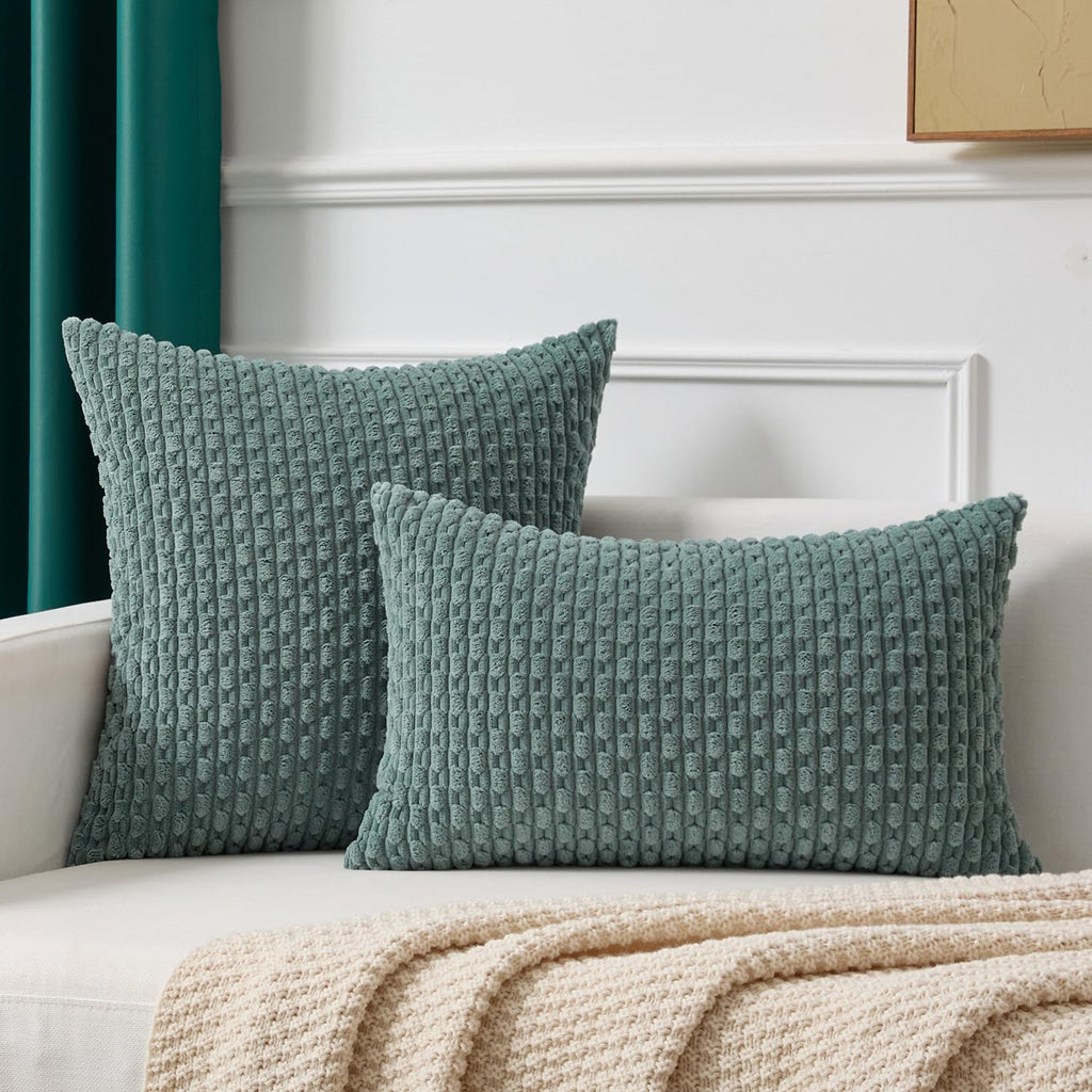 Kevin Textile 12x20 Inch Pillow Cover 1 Pack Boho Decorative Soft Striped Corduroy Lumbar Farmhouse Color Accent Rectangle Cushion Case for Living Room Couch Sofa Bed, Teal Green