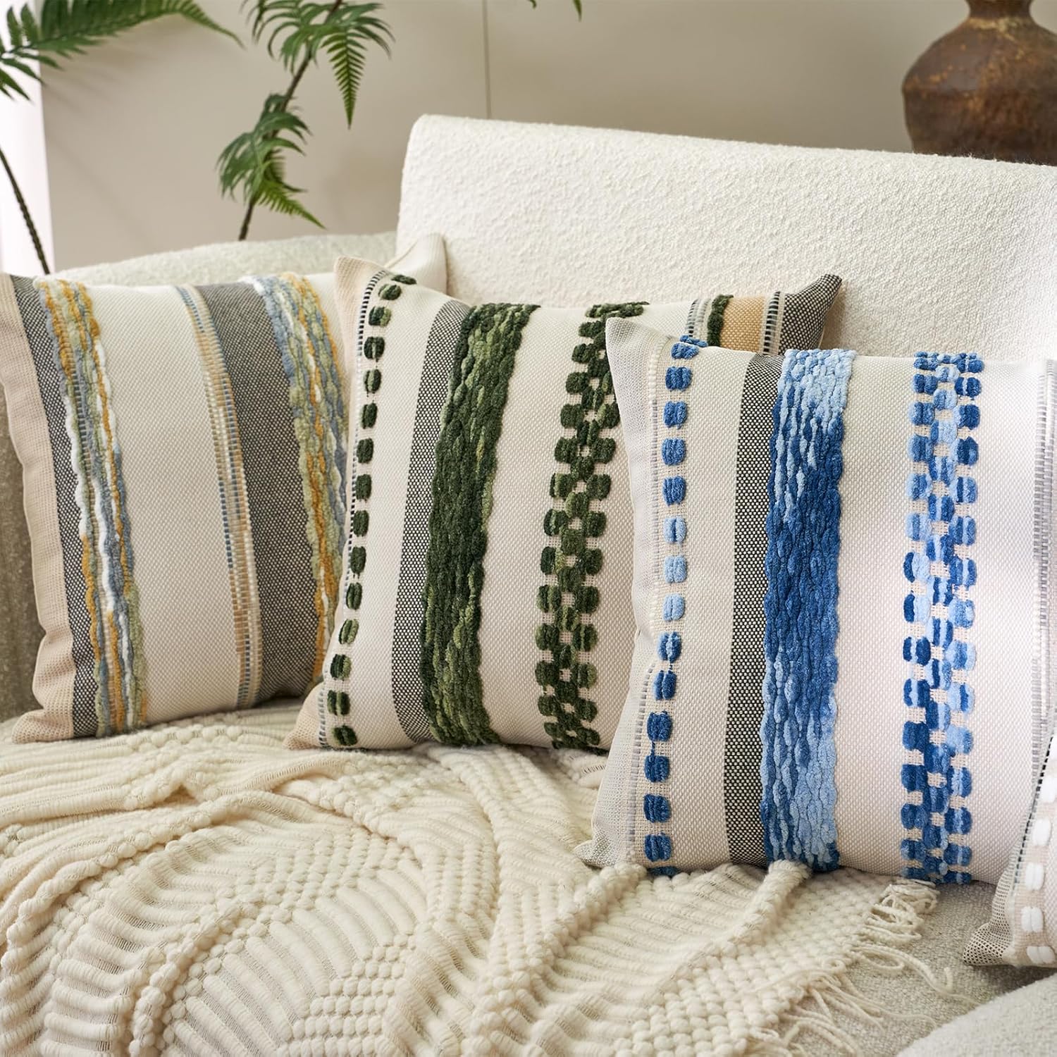 Aeckself Boho Throw Pillow Covers 18x18 Inch Set of 2, Farmhouse Decorative Striped Square Pillow Covers Chenille Tufted Pillow Cases Accent Neutral Pillowcase for Living Room Couch Bed, Yellow-Gray