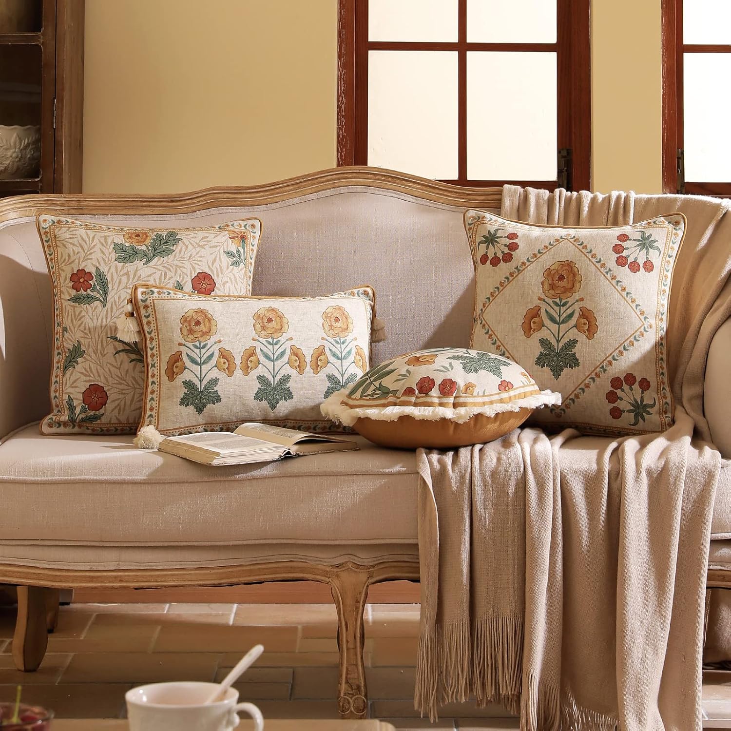 patdrea Designer Throw Pillow Covers for Couch 18"x18",Vintage French Linen Pillows Cover with Daisy Floral Pattern,Beige Luxury Farmhouse Decorative Square Cushion for Bed,Living Room,Outdoor,Car