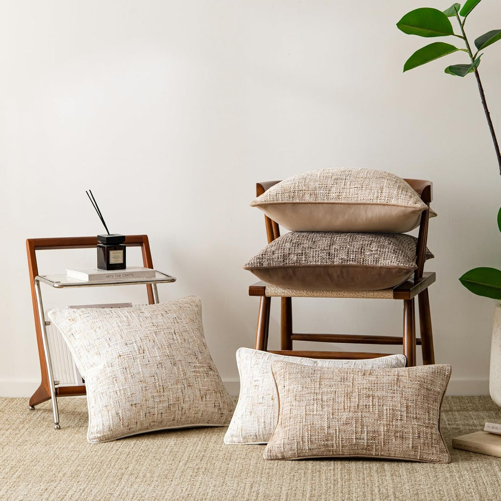 a moment Christmas Beige Reversible Pillow Covers 2 Pack - Farmhouse Chenille Throw Pillows, Neutral Textured Decorative Throw Pillow Covers with Border for Couch Sofa Bed (20x20 Inch, No Insert)