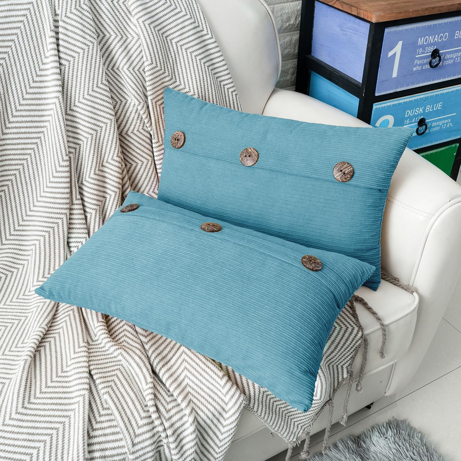 HWY 50 Smoke Blue Chenille Throw Pillow Covers 12x20 Inch with Triple Buttons, Soft Farmhouse Accent Decorative Cushion Cases for Couch Sofa Bed Living Room Pack of 2 Rectangle