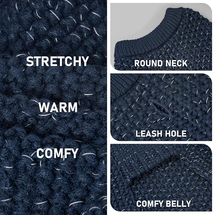 KYEESE Dog Sweater for Large Dogs with Leash Hole Warm Pullover with Reflective Yarn Male Thick Stretchy Knitwear Winter Soft Pet Coat boy for Cold Weather Comfy Dog Sweaters, Navy Blue, XXX-Large
