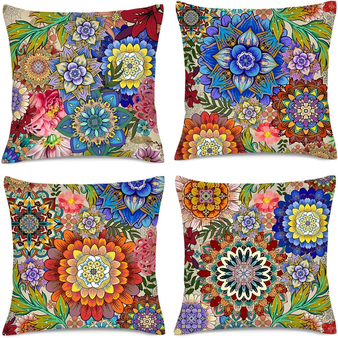 Boho Floral Throw Pillows Covers Colorful Flowers Decorative Pillow Cases for Sofa Couch Bedroom Living Room Decor Farmhouse Cushion Covers 18x18 Inches Set of 4