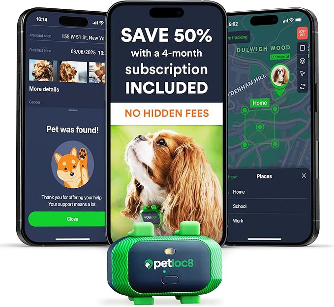 GPS Pet Tracker for Dogs - Dog Tracker Fits on Your Pets Collar, Waterproof, Smart App Controllable Geofencing and Pet Location History (Dog - 4 Months Included)