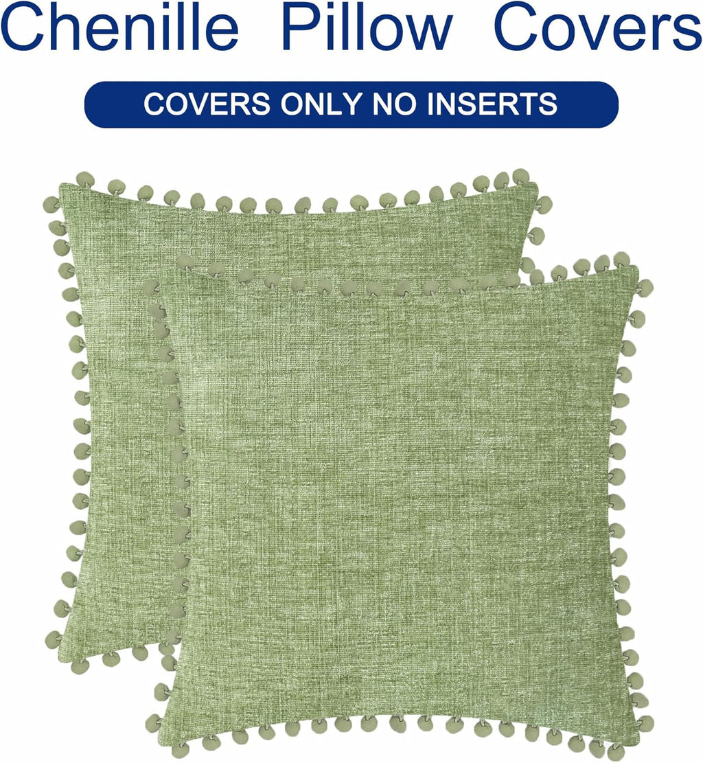 CaliTime Throw Pillow Covers Decorative 16 X 16 Inches Pack of 2 Cozy Solid Dyed Soft Chenille Cushion Cases with Pom Poms for Couch Sofa Bed Living Room Home Sage