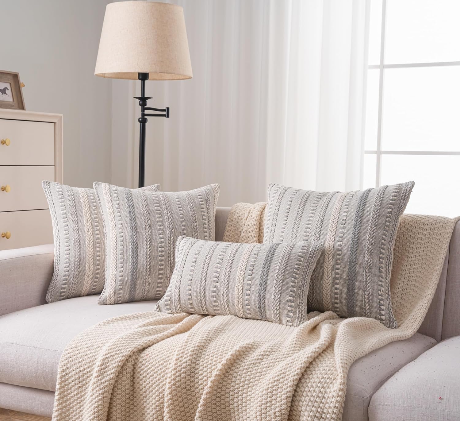 Boho Throw Pillow Covers 12x20 Inch Set of 2, Farmhouse Decorative Couch Pillow Cases, Grey Accent Pillows of Bed, Sofa Bedroom Living Room Home Decor Cushion Cover