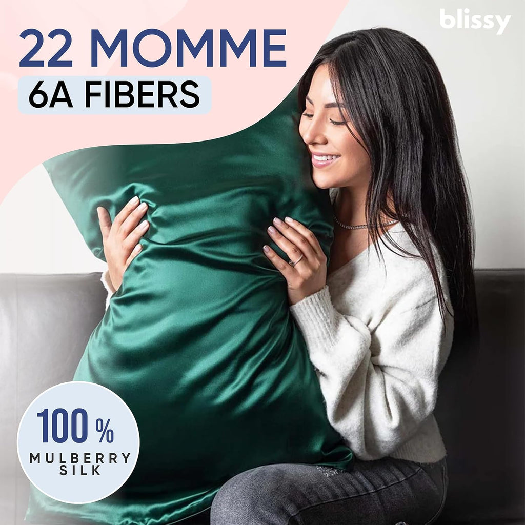 Blissy Silk Pillowcase - 100% Pure Mulberry Silk - 22 Momme 6A High-Grade Fibers - Silk Pillow Cover for Hair & Skin - Regular, Queen & King (Emerald, Standard)