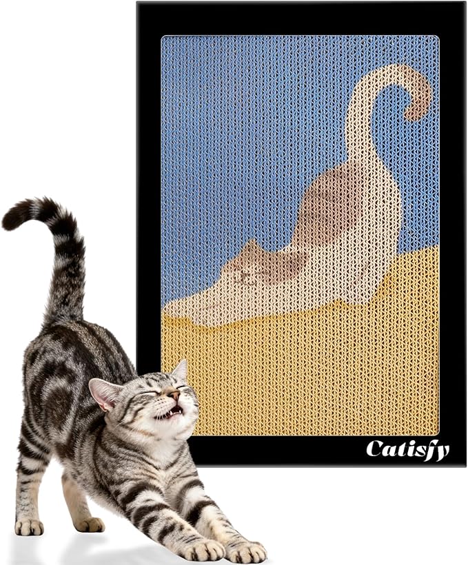 Wall Art Cat Scratcher, Decorative Vertical Cat Scratching Board, 17x12 Framed Cardboard Scratch Pad with Renter-Friendly No-Drill Wall Mount, Indoor Cat Toy & Furniture Protector(Stretching Kitty)