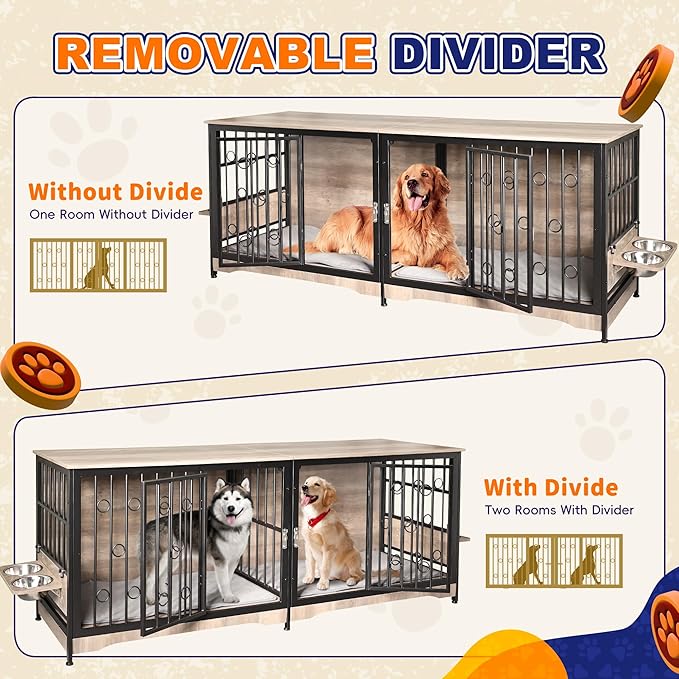 75'' Dog Crate Furniture Large Storage TV Stand with Dual Cushion / 4 Bowls/Double Rooms, Wooden Dog Kennel Dog Crate End Table with Removable Divider for Large Medium Dogs, Greige