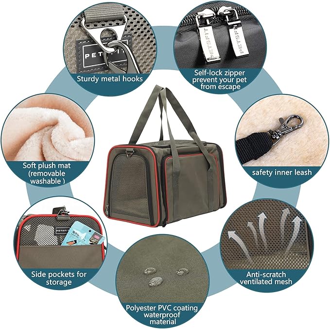 Petsfit Expandable Cat Carrier Dog Carriers,Airline Approved Soft-Sided Portable Pet Travel Washable Carrier for Kittens,Puppies,Removable Soft Plush mat and Pockets,Locking Safety Zippers