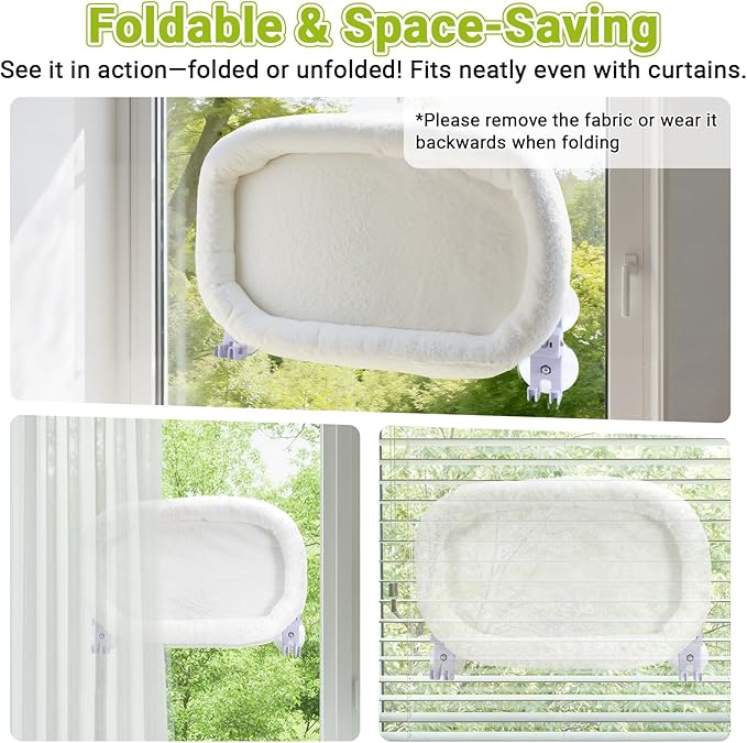 Cordless Cat Window Perch, Foldable Cats Hammock Window Bed with Metal Frame, Soft Cover, Large Suction Cups, Indoor Kitten Window Resting Seat, White