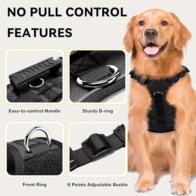 Tactical Large Dog Harness,No Pull Adjustable Tactical Dog Harness and Leash Set,Reflective Dog Vest Harness for Training and Walking,Black L